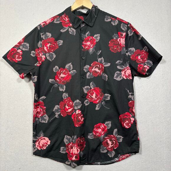 Express Mens Rose Floral Slim Fit Button Shirt M Red Black Short Sleeve Bold - Picture 1 of 6